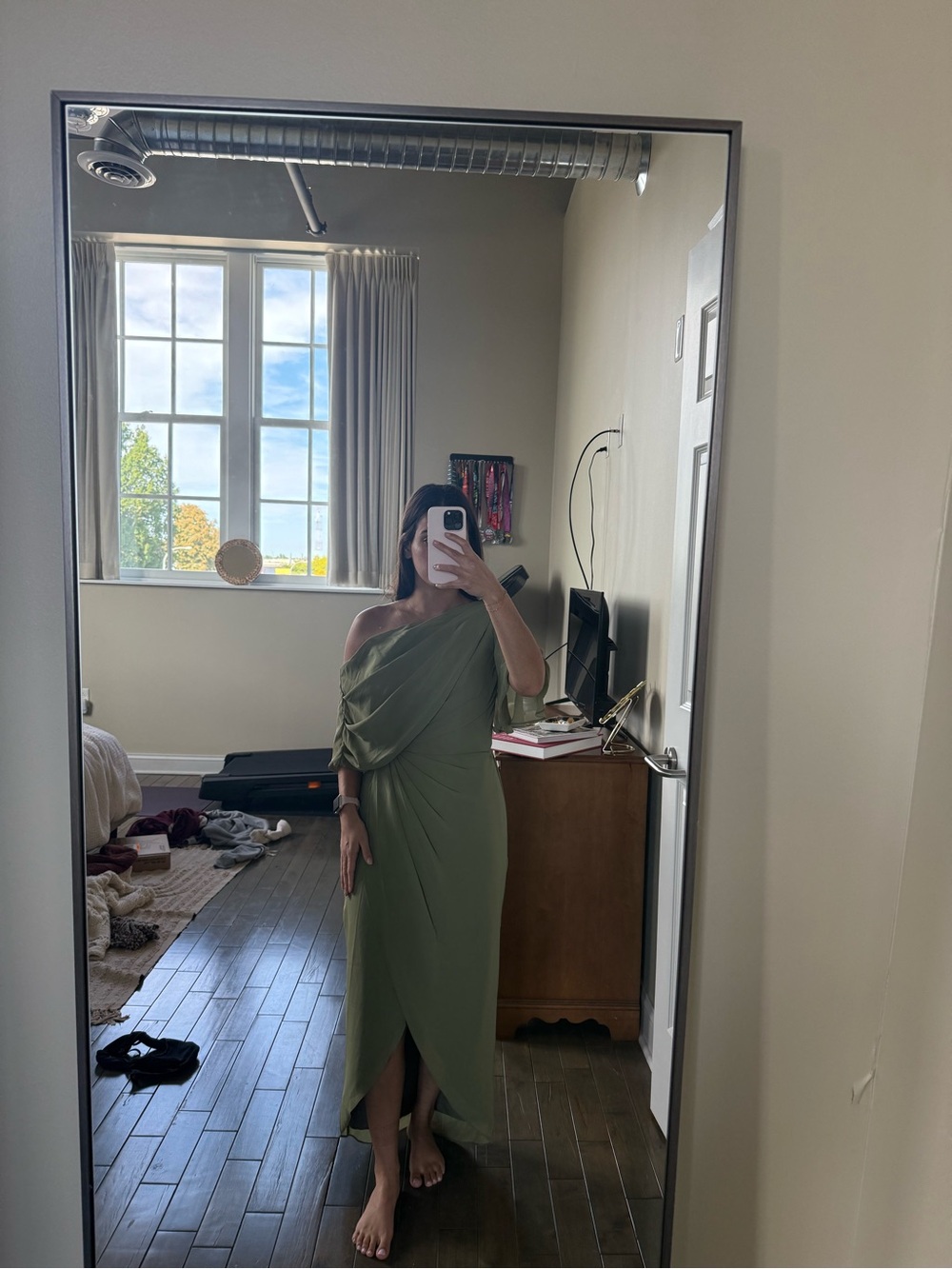Olive Green Asymmetric Draped Vanity Mirror by